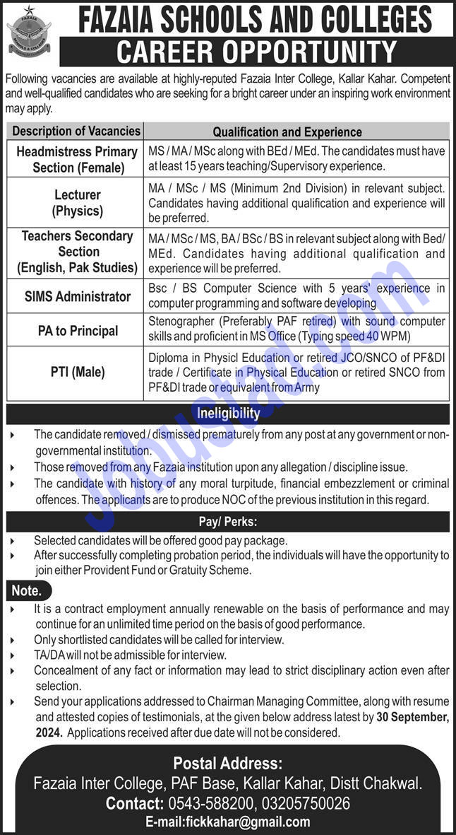 Fazaia School and College PAF Kalla Kahar New Jobs 2024