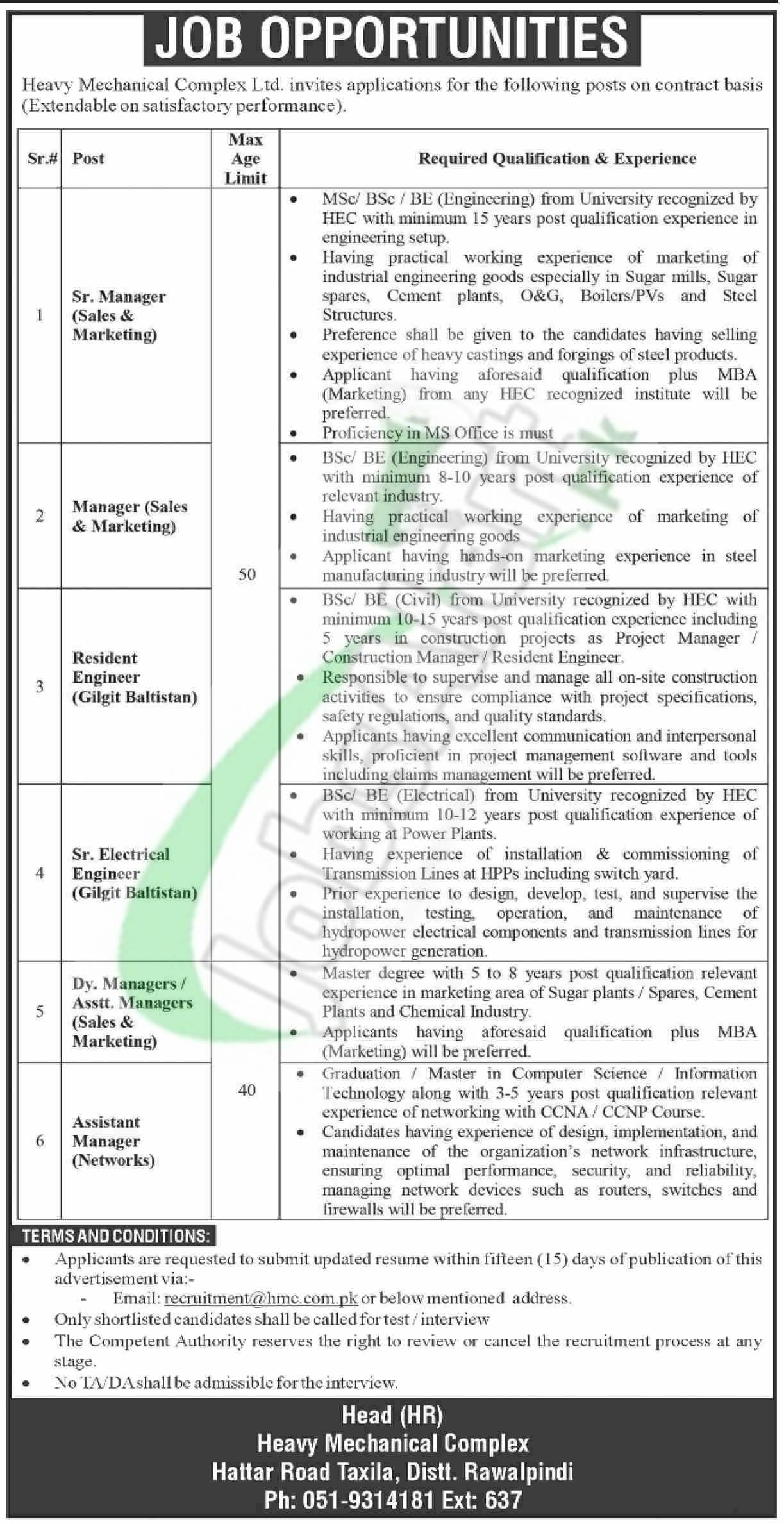 Heavy Mechanical Complex HMC Taxila New Jobs 2024 for Manager