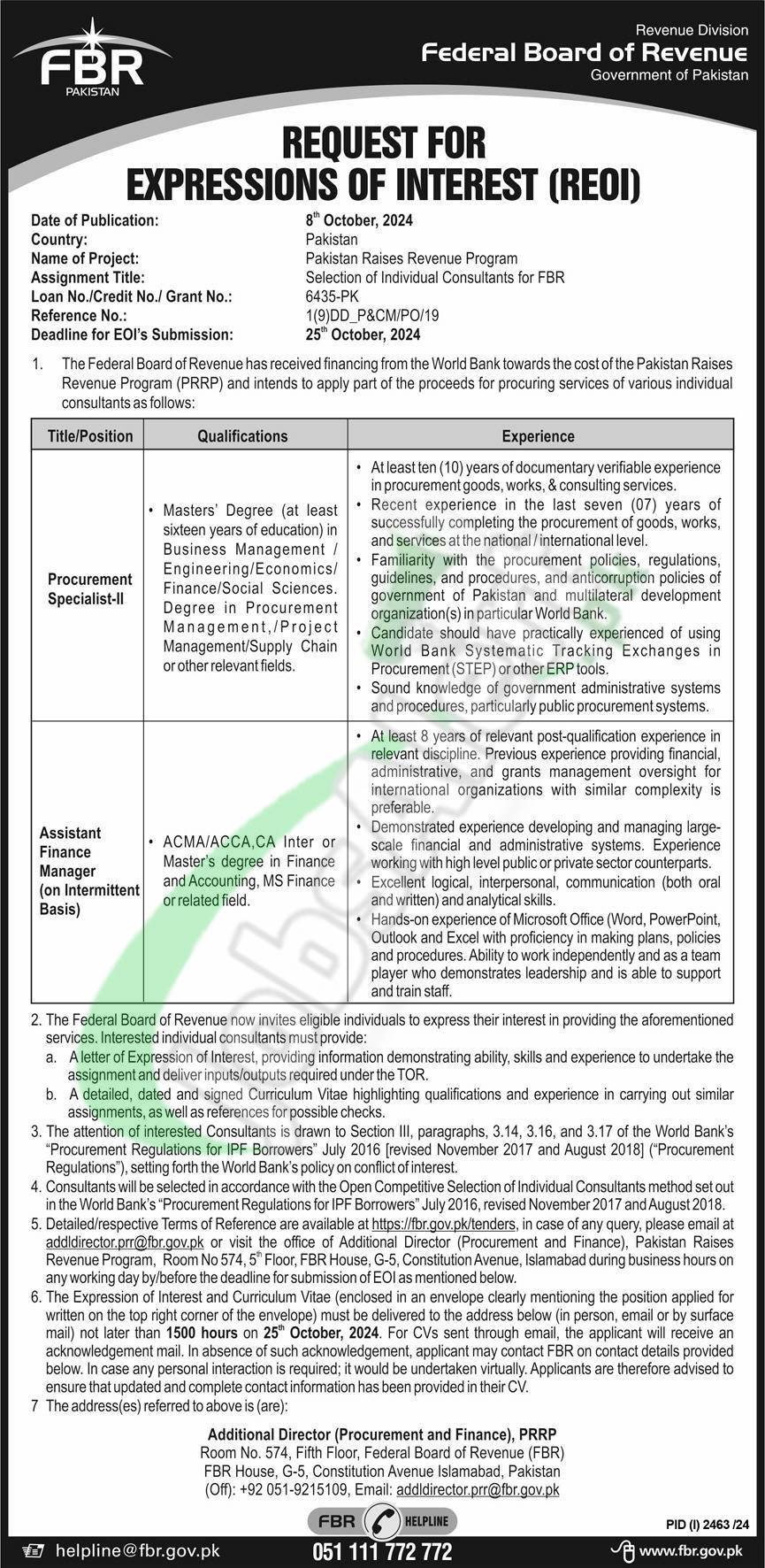 Federal Board of Revenue FBR New Jobs 2024 for Managers